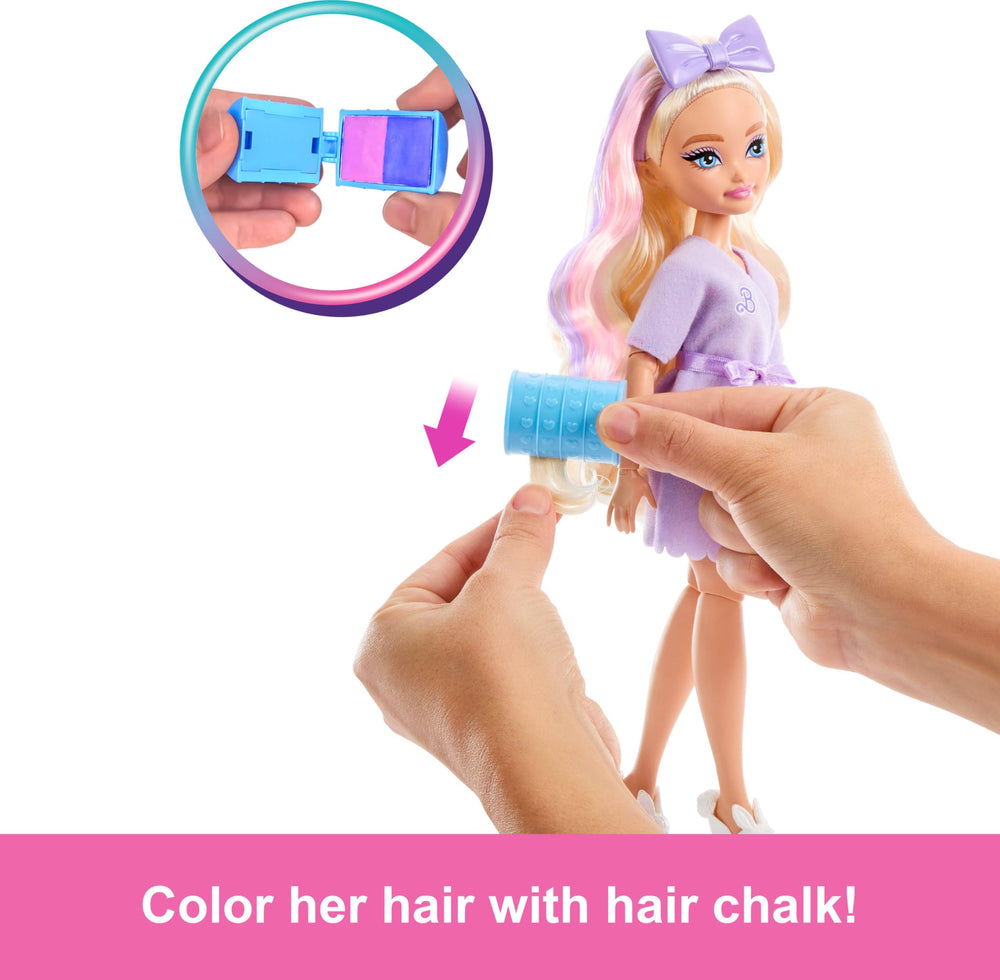 Barbie Malibu hair chalk and oversized bow for imaginative styling.