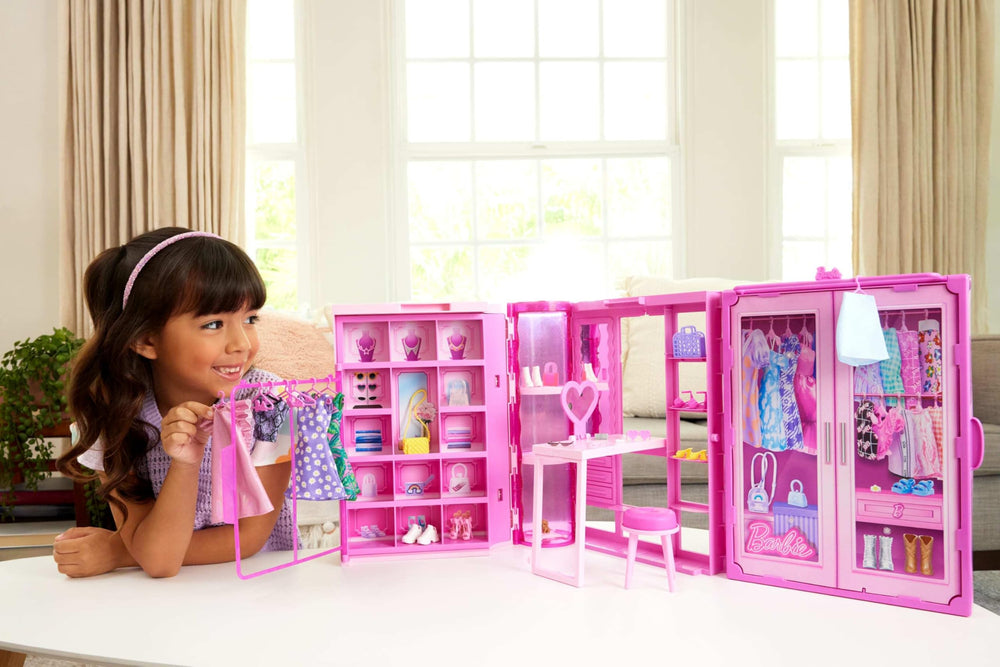 Barbie Dream Closet two clothing racks organize outfits for quick mix-and-match.
