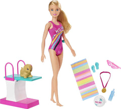 Barbie Dreamhouse Adventures Swim 'n Dive doll in swimwear ready for imaginative poolside play.