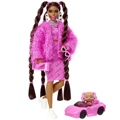 Barbie Extra doll with long brunette hair in pink outfit, ideal for imaginative fashion play.