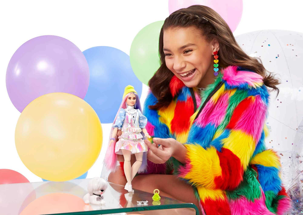 Barbie Extra dress features iridescent ruffles for colorful storytelling.