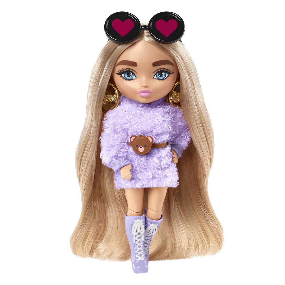 Barbie Extra Minis #4 in fluffy purple outfit for imaginative fashion play.
