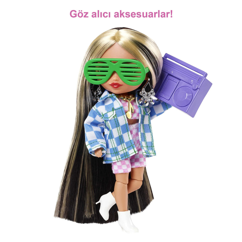 Barbie Extra Minis checkered two-piece outfit highlights bold style.