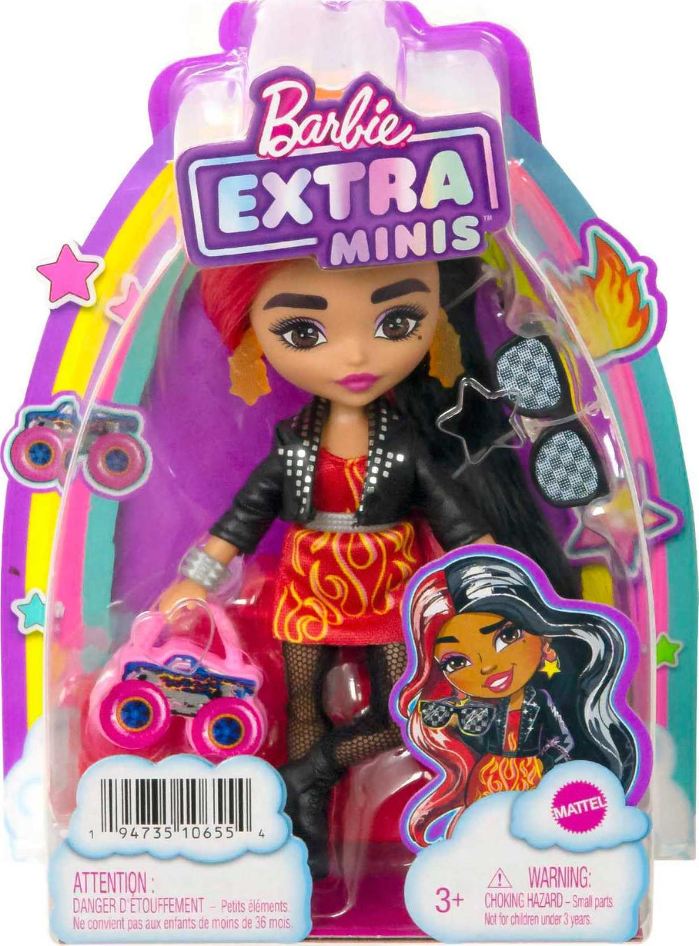 Barbie Extra Minis doll with Monster truck purse for storytelling detail.