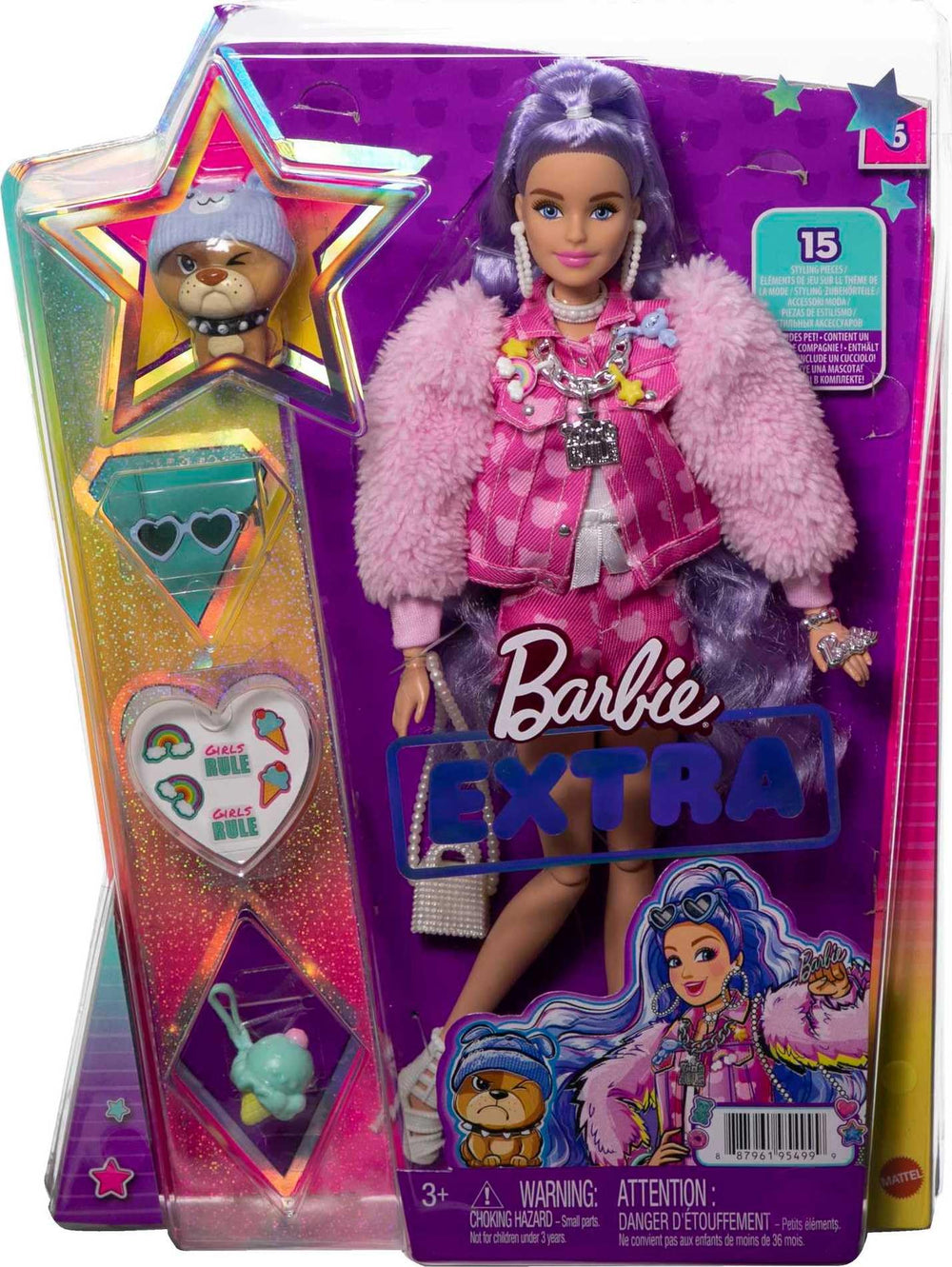 Barbie Extra pet bulldog with a bear-themed beanie boosts storytelling charm.