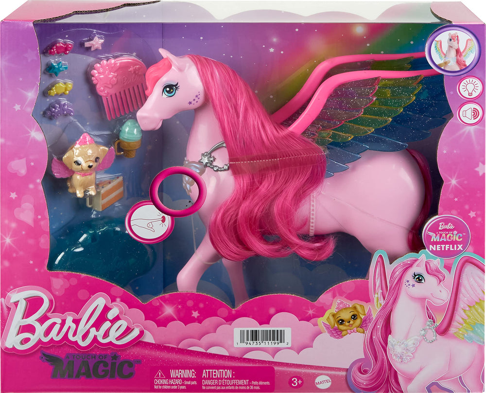 Barbie pink Pegasus with puppy enhances imaginative play and collection display.