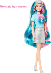 Barbie Fantasy Hair rainbow unicorn top and crown for vibrant dress-up storytelling.