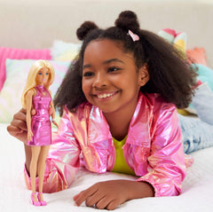 Barbie Fashionistas 230 metallic pink dress with heart cut-out for stylish play.
