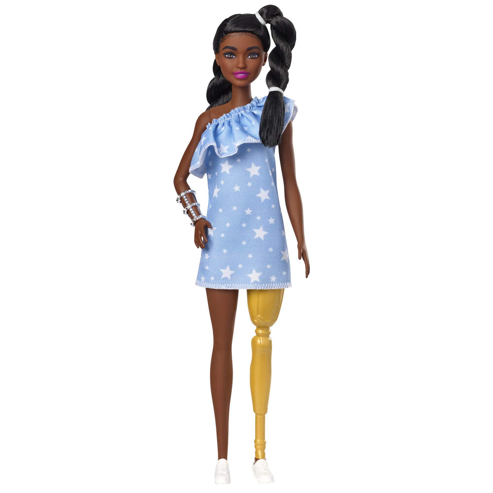 Barbie Fashionistas doll with prosthetic leg, removable, supports imaginative storytelling.