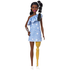 Barbie Fashionistas doll with prosthetic leg, removable, supports imaginative storytelling.