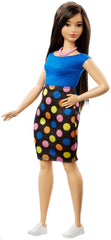 Barbie Fashionistas doll blue bodice highlights versatile styling options for kids.