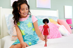Barbie Fashionistas doll 221 wearing removable red dress for versatile styling.