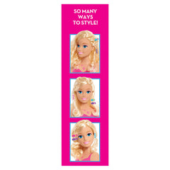 Barbie head with hair bands to secure stylish up-dos during play.