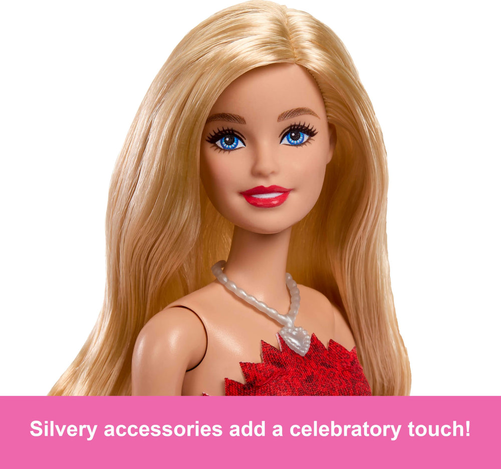 Barbie's festive bow detail enhances the celebratory outfit.