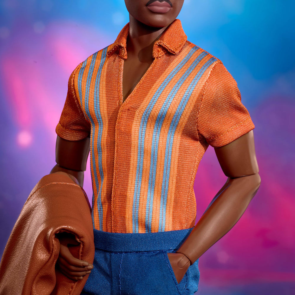Barbie Fifteenth Doctor doll brown jacket detail up close for fashion accuracy.