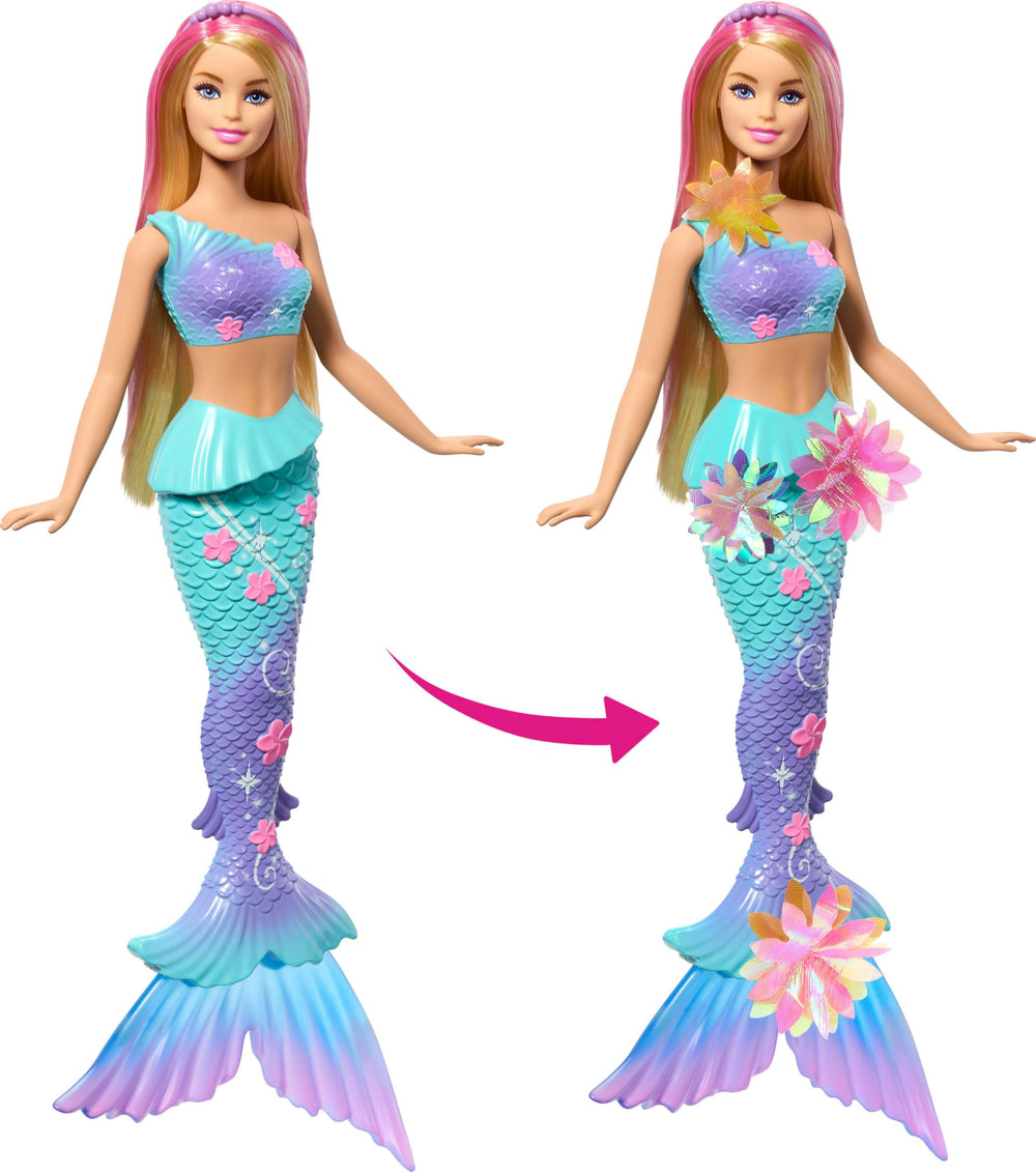 Barbie Flower Magic Mermaid doll features an ombre tail for dazzling display.