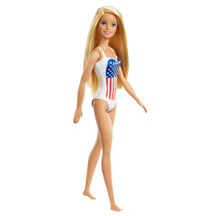 Barbie GPB17 Beach Blonde Doll in flag-pattern swimsuit ready for summer adventures.