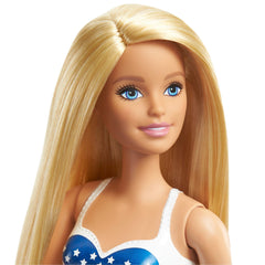 Barbie GPB17 swimsuit close-up shows red, white, blue flag motif for patriotic play.