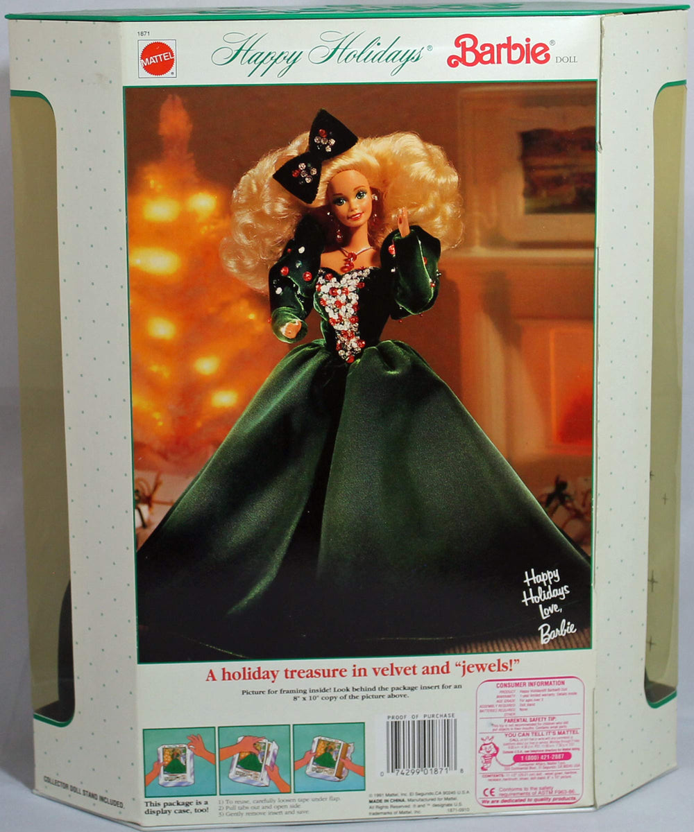 Barbie Happy Holidays 1991 doll packaging close-up, ideal for enthusiasts and archival photography