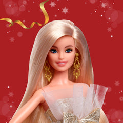 Barbie Holiday Barbie gold drop earrings add sparkle for imaginative play.
