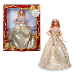 Barbie Holiday Barbie gold-silver dress showcases festive play styling.