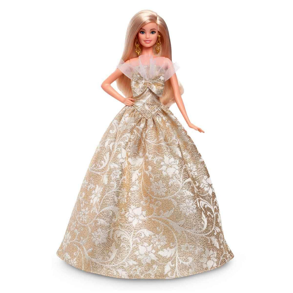 Barbie Holiday Barbie woven gown detail highlights intricate fashion design for display.