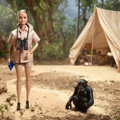 Barbie Jane Goodall doll with binoculars supports exploration and learning.
