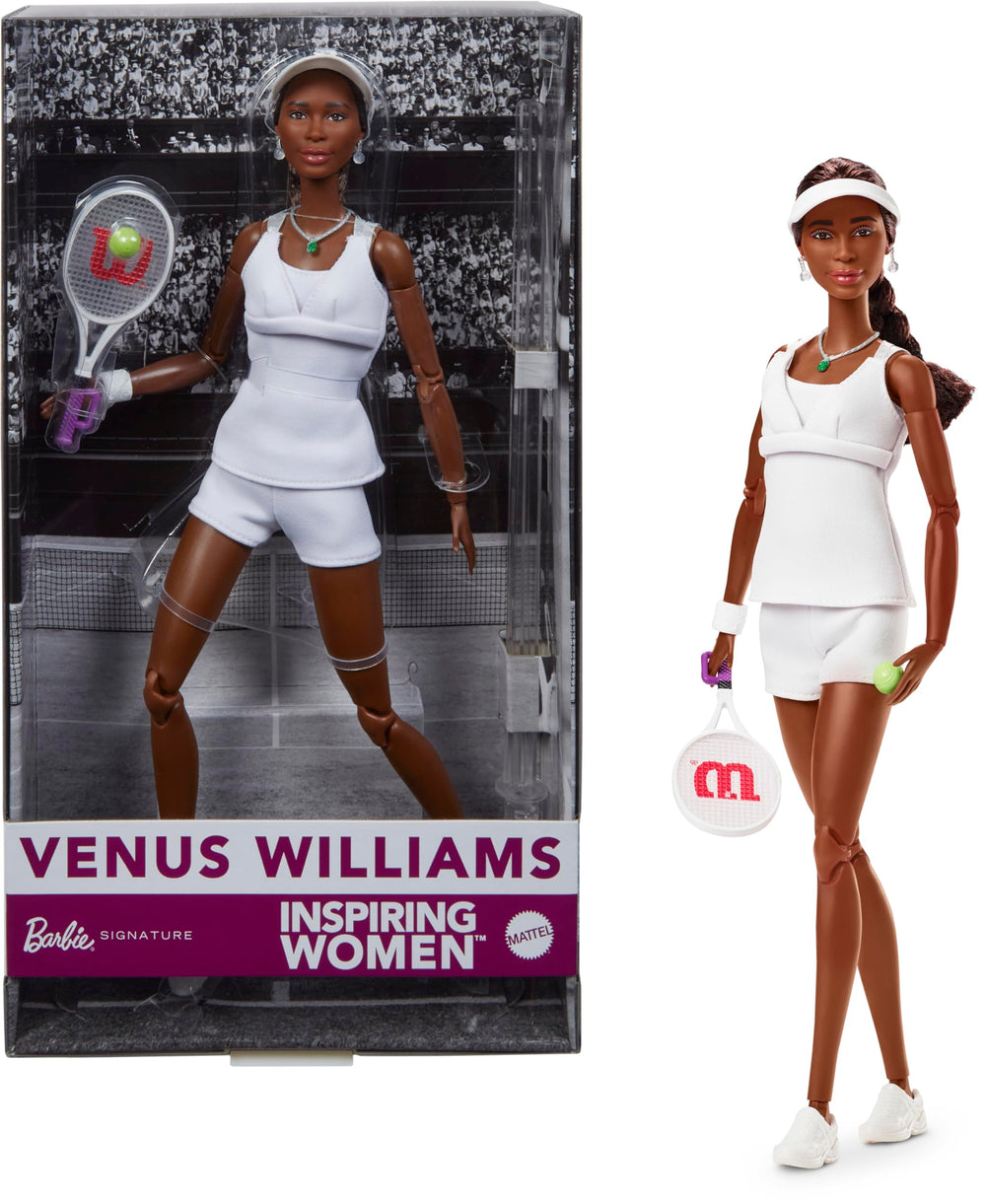 Barbie Venus Williams doll in 2007 tennis uniform ready for display.