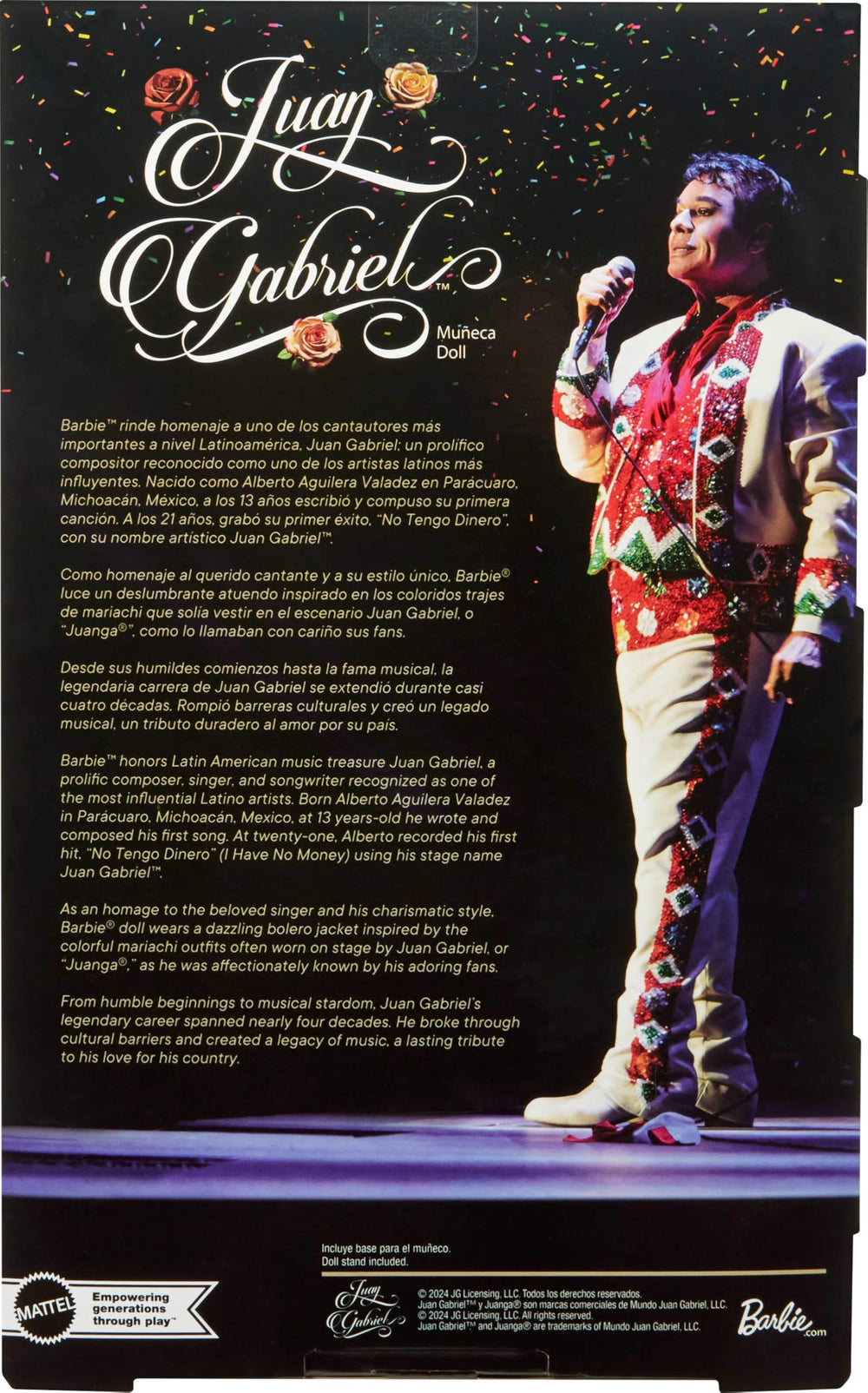 Barbie Juan Gabriel doll on stand with Certificate of Authenticity included.