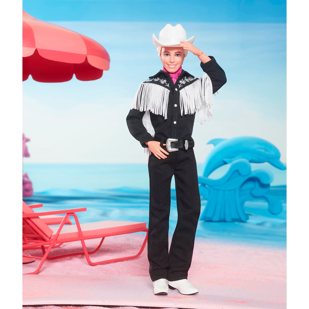 Barbie Ken black and white western outfit evokes classic film-inspired style.