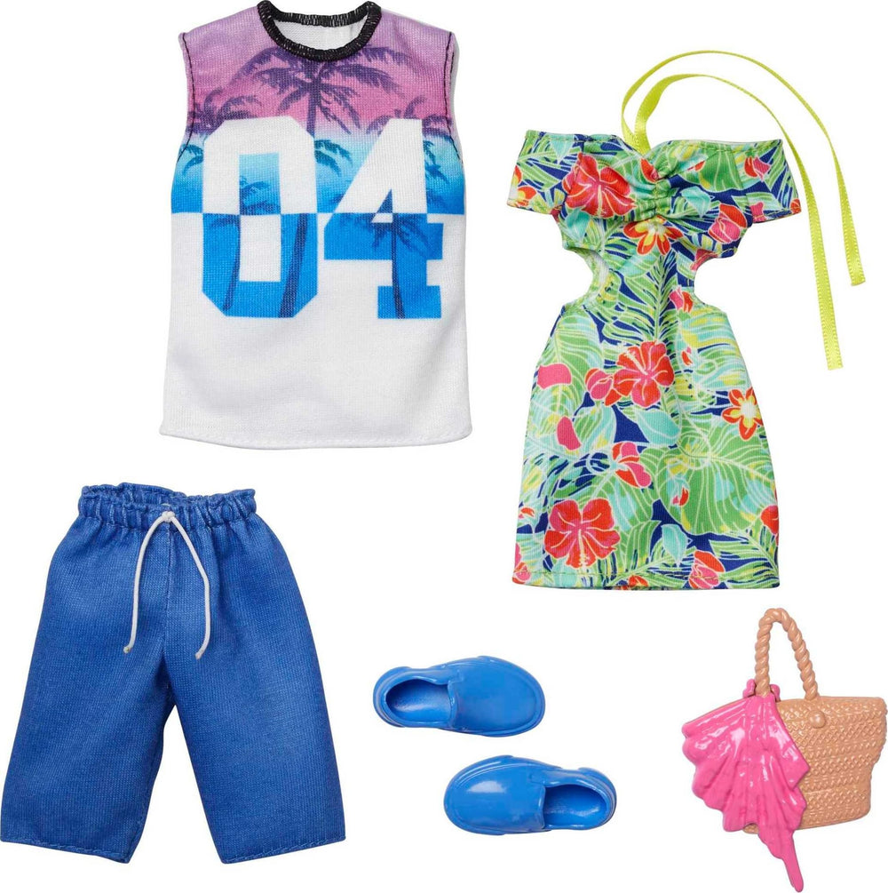 Barbie tropical dress and straw tote for Barbie, ideal for sunny, imaginative play.