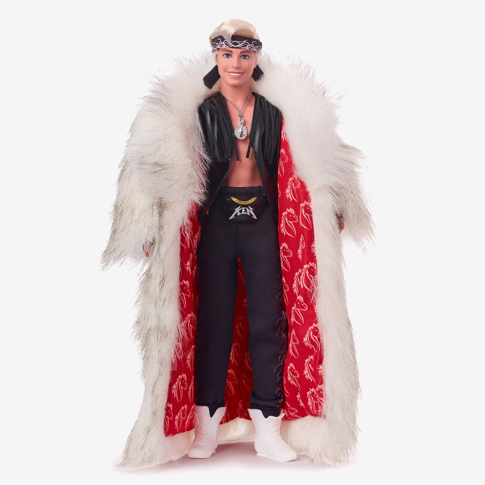 Ken doll from Barbie The Movie with black fringe vest and bandana for fan display.