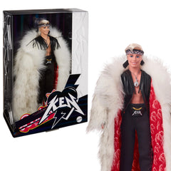 Barbie The Movie Ken doll wearing a dramatic faux fur coat for display.