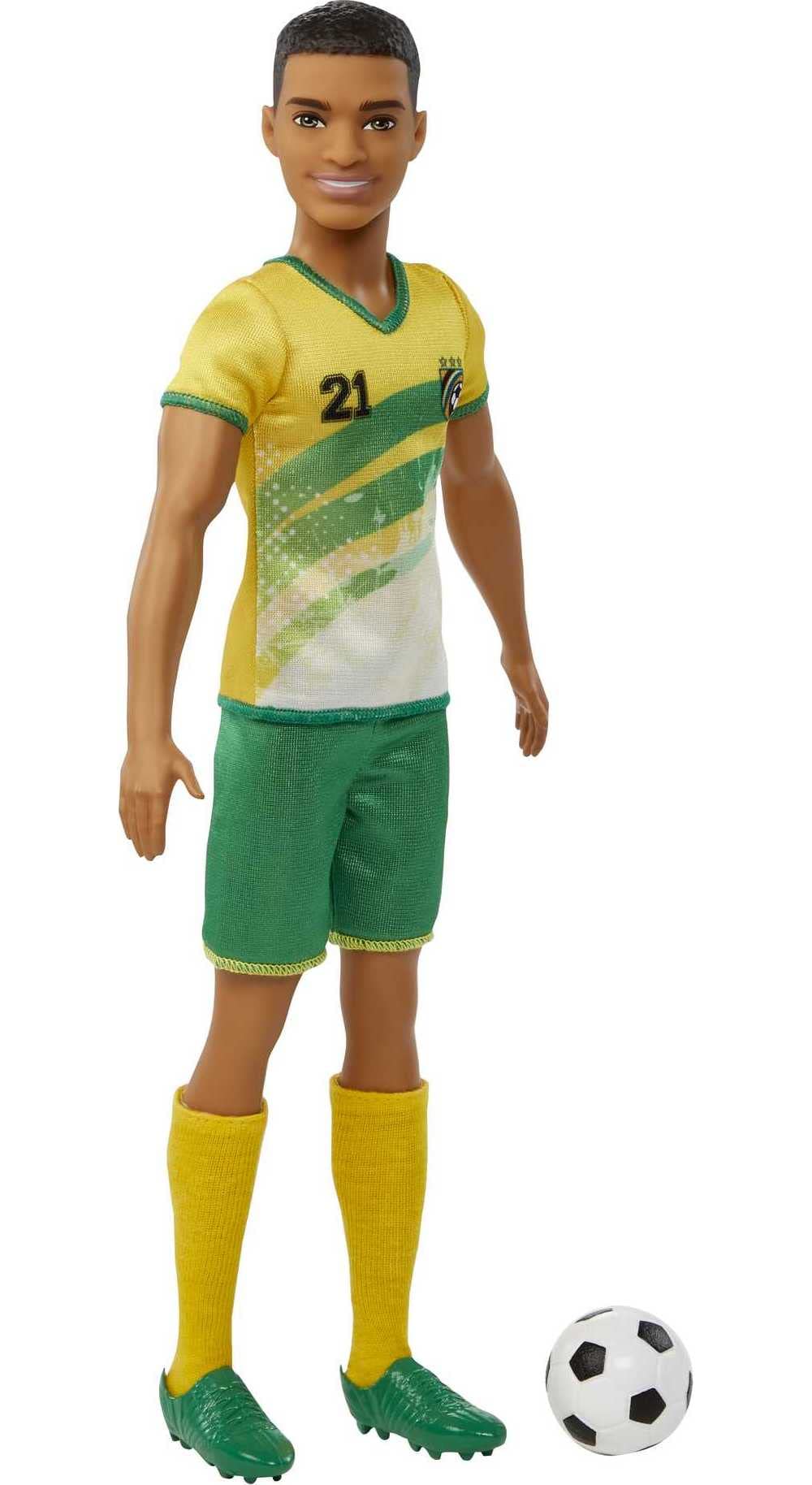 Barbie Ken soccer doll wearing green shorts supports sporty, action-packed adventures.