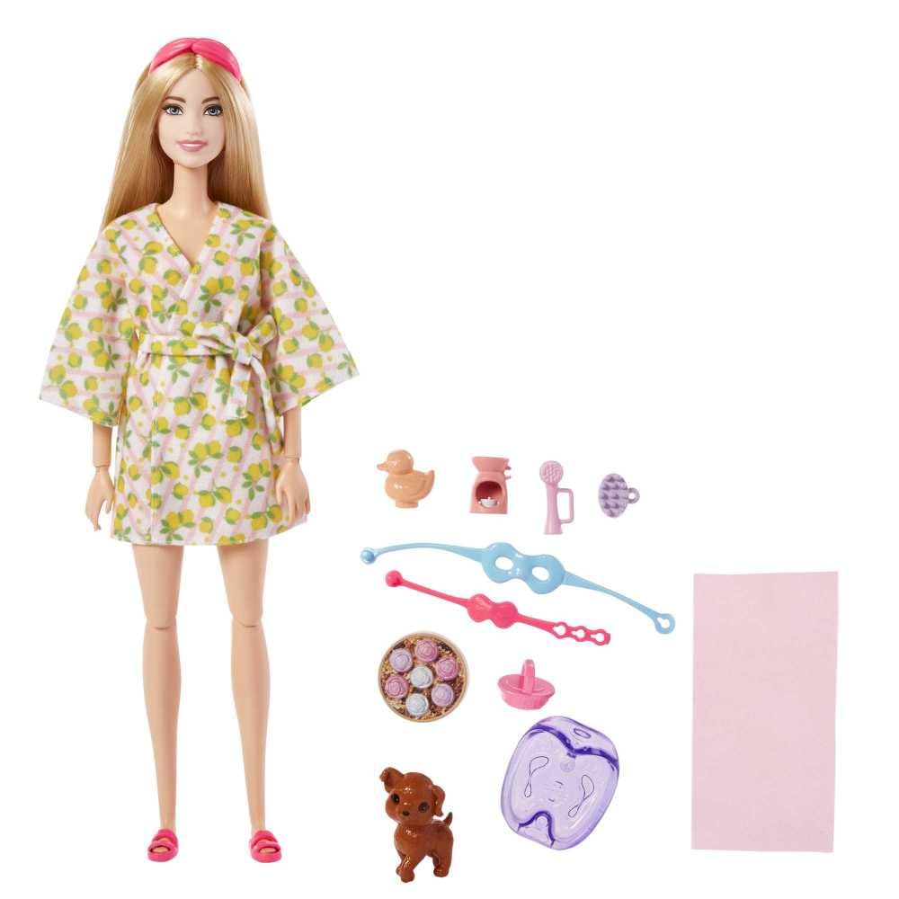 Barbie lemon-print bathrobe offers cozy spa style for pretend pampering.