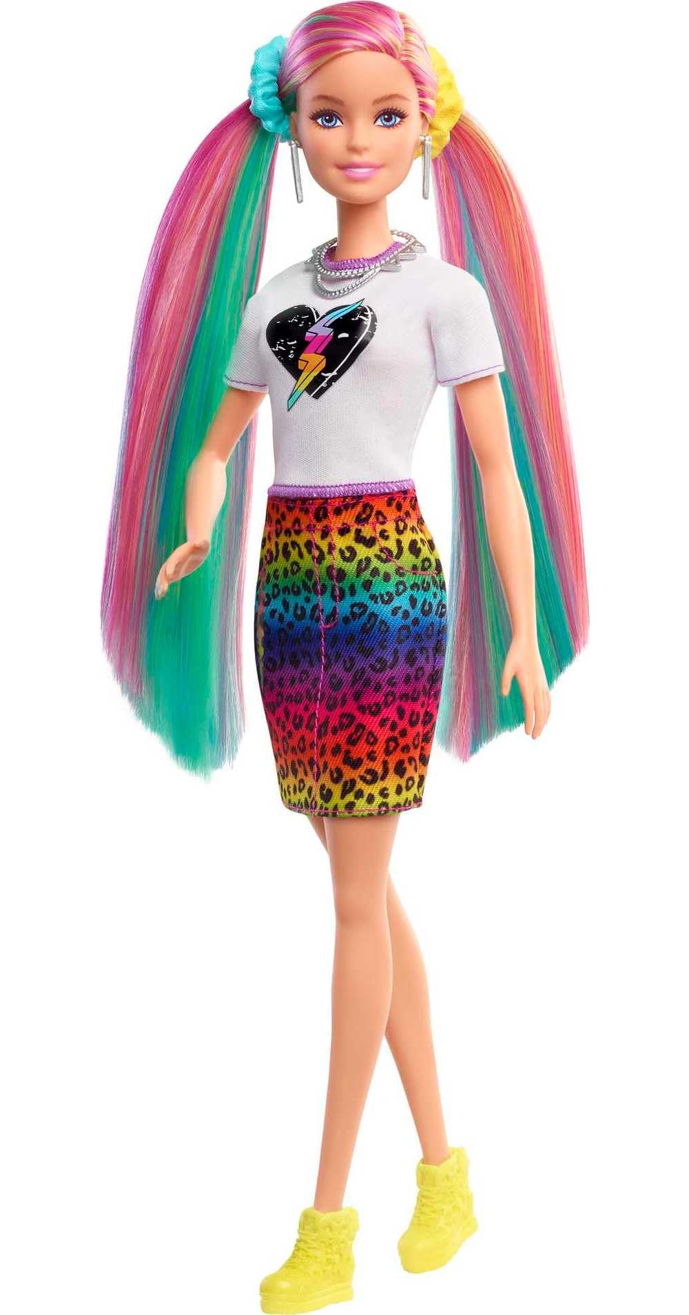 Barbie Leopard Rainbow Hair scrunchies enable versatile, secure styling.