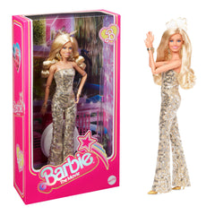 Barbie Margot Robbie gold disco jumpsuit close-up; dazzling display sparkle for shelves.