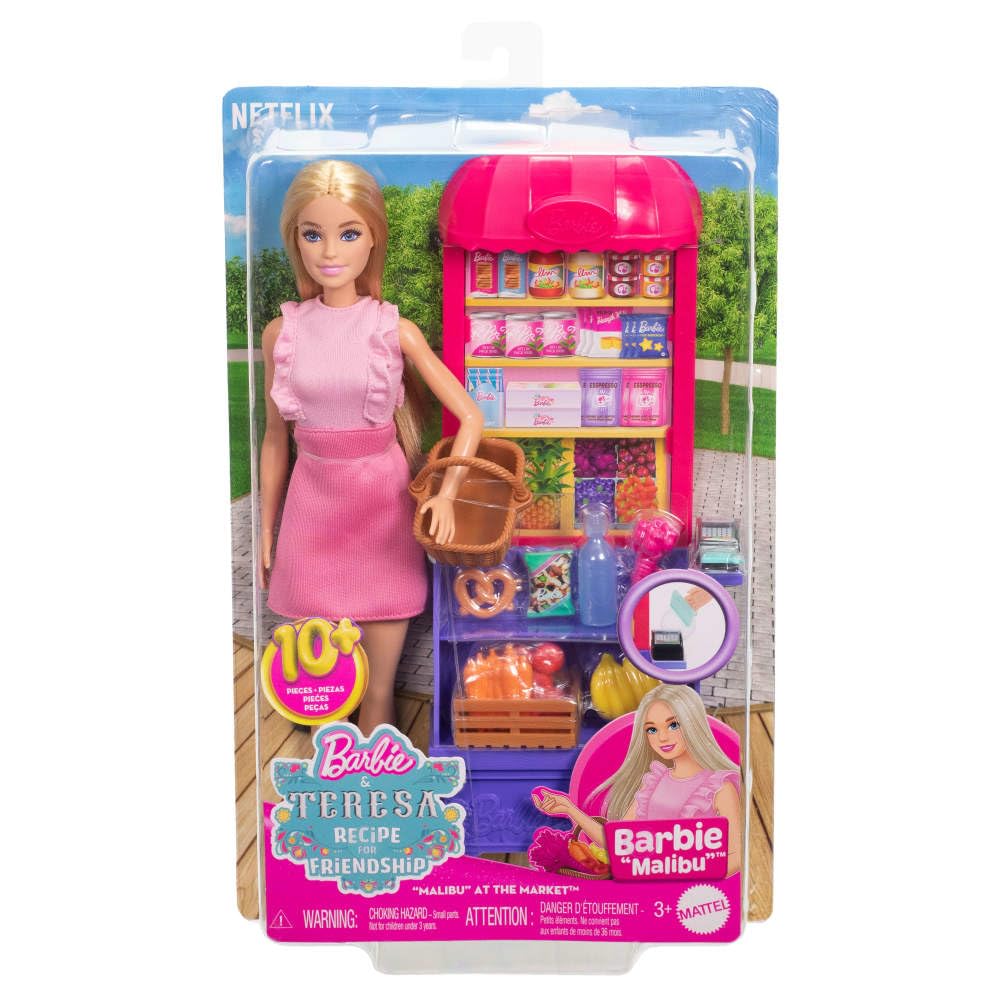 Barbie market-themed food pieces for pretend cooking play.