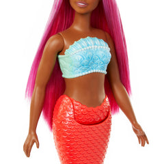 Barbie mermaid doll tropical red tail with ombre fin adds vibrant underwater drama.