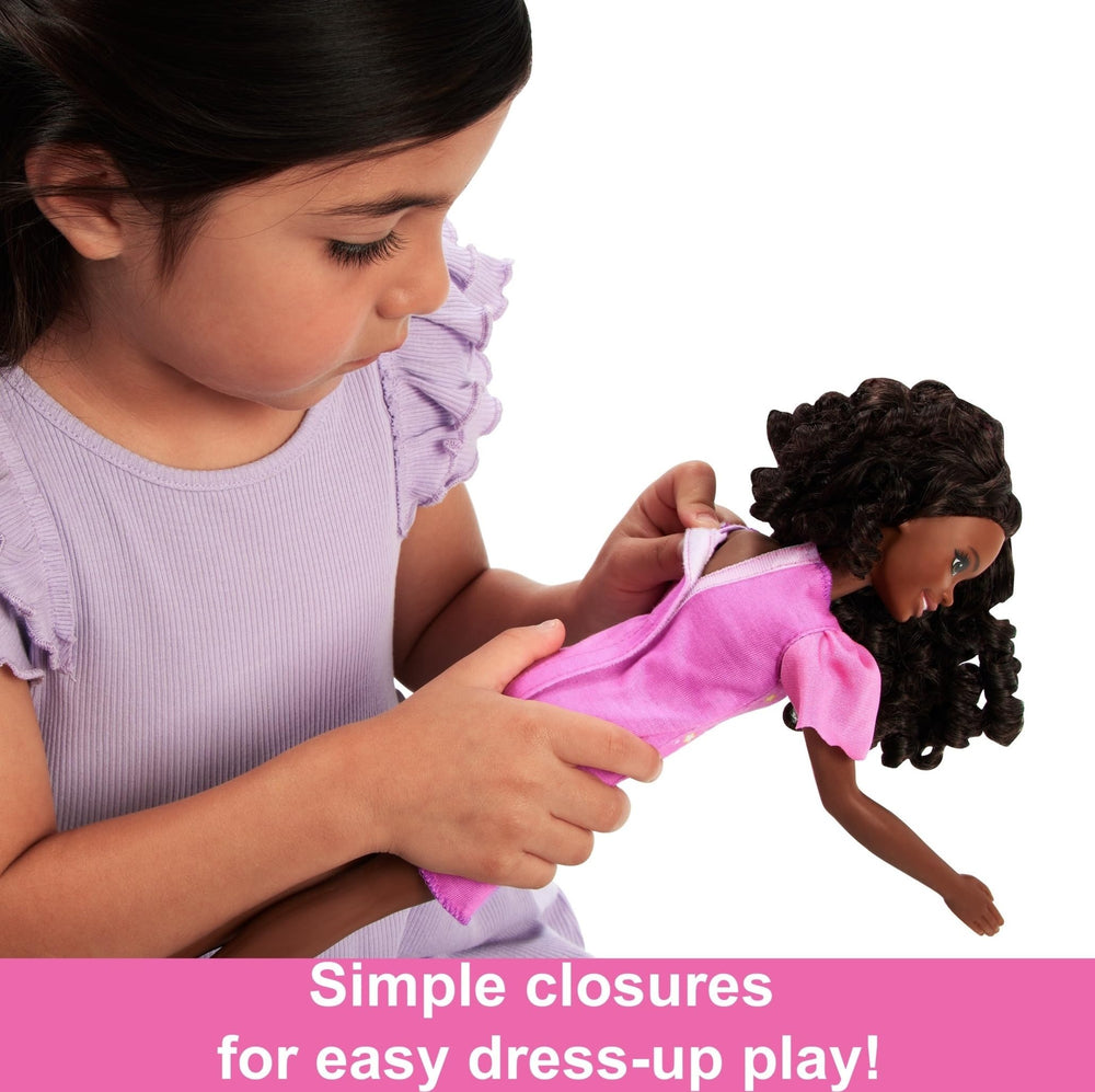Barbie My First Brooklyn satin dress with bow headband encourages fashion fun.