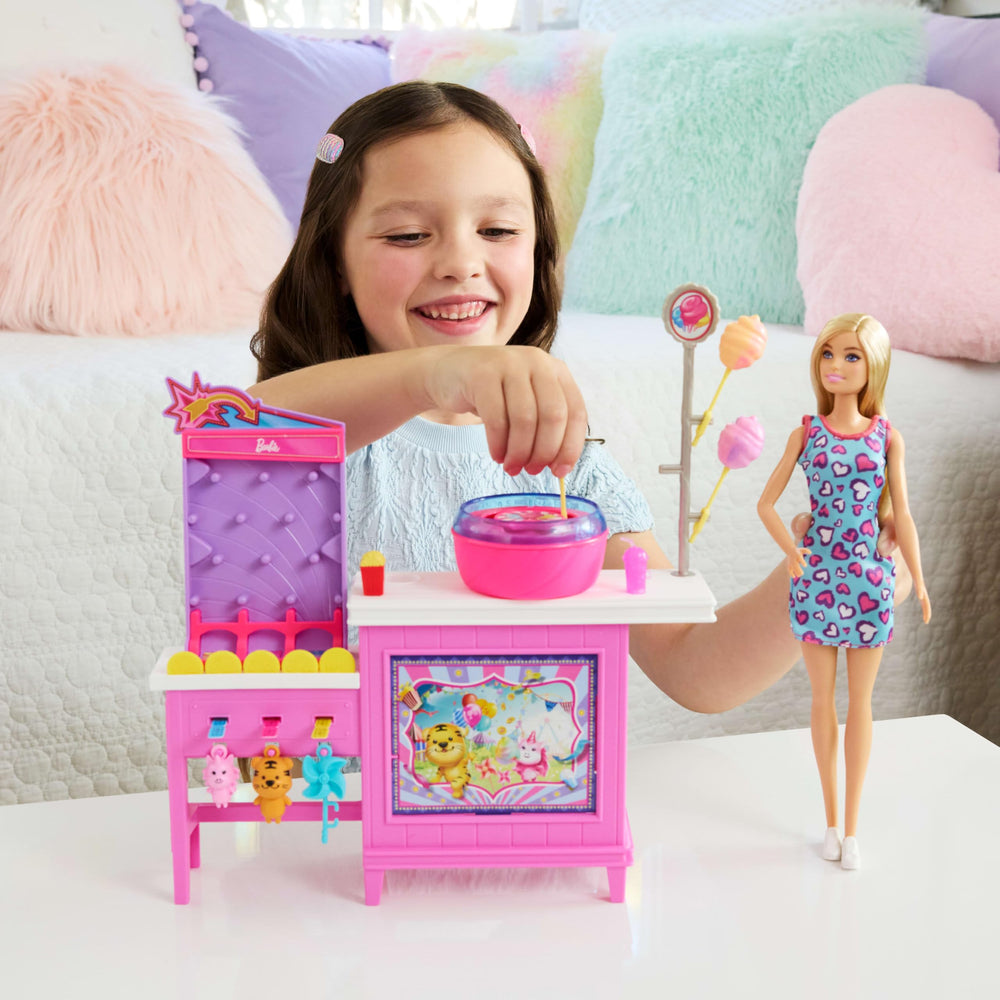 Barbie Mysteries game booth with tokens and prizes fuels pretend play.