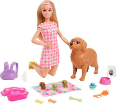 Barbie doll with mom dog prepares to welcome newborn pups.