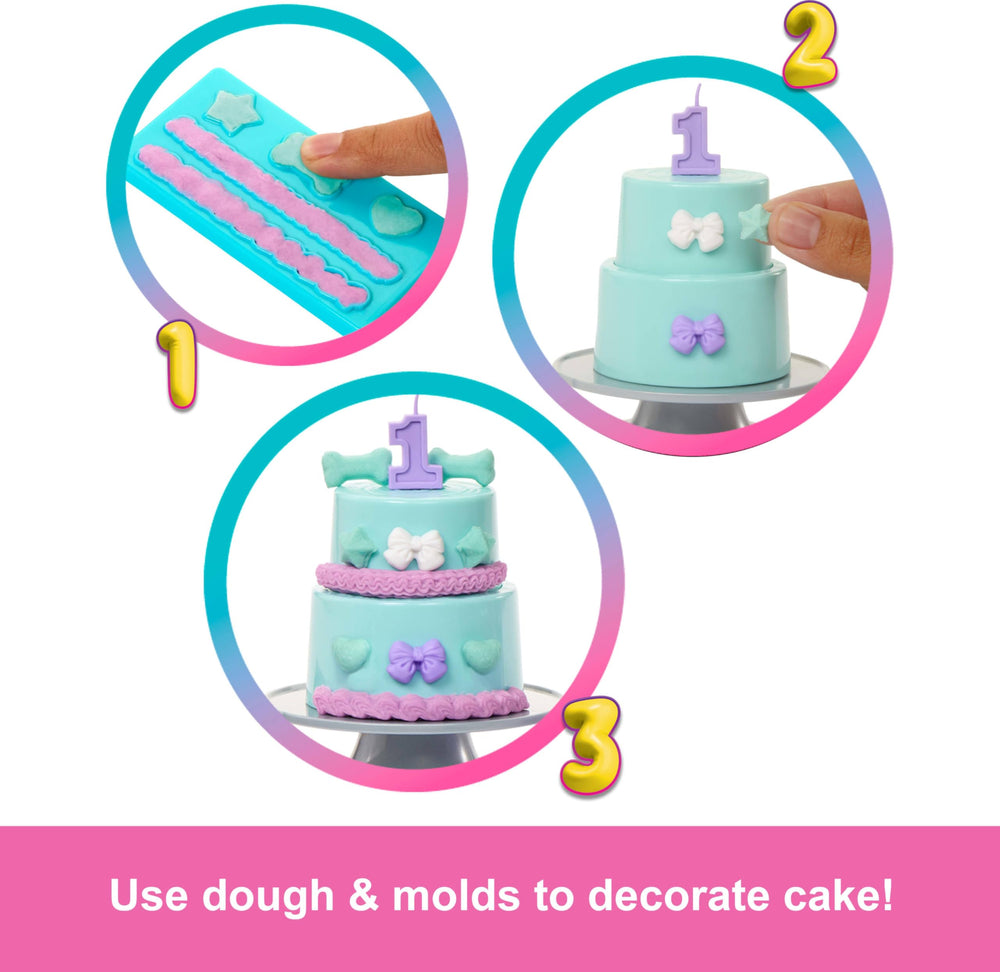 Barbie Party Unboxed two-tier cake shows decorations for party plays