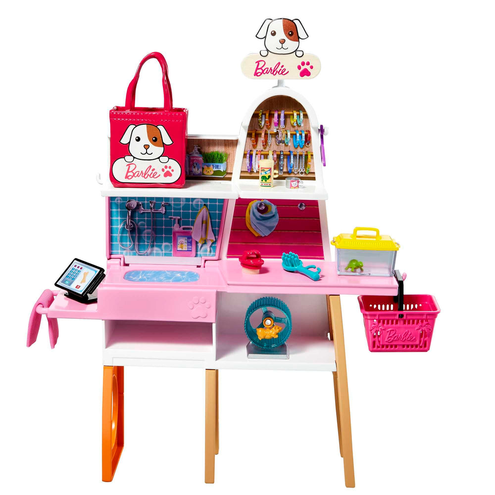 Barbie pet boutique color-change puppy demonstrates playful transformations with warm water.