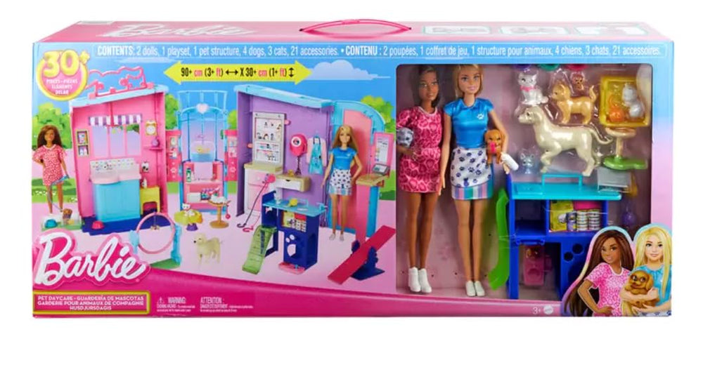Barbie Pet Nursery Playset dog tower promotes interactive pet care play.