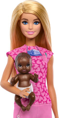 Pink scrub heart print close-up on Barbie for cheerful role-play