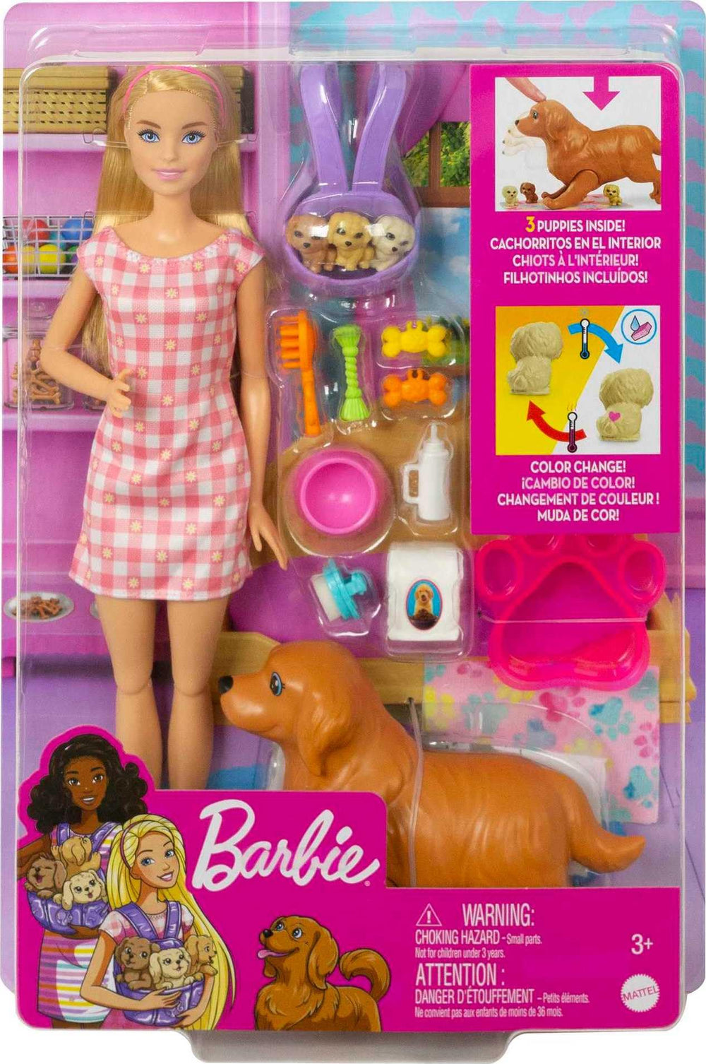 Barbie Newborn Pups playset inspires imaginative pet storytelling.