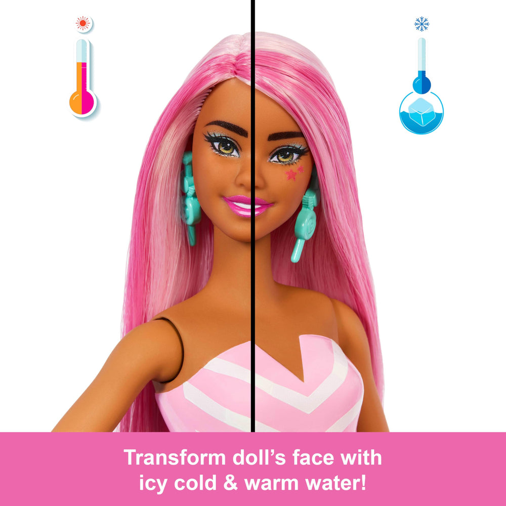 Barbie Pop Reveal two ice cubes reveal candy-themed earrings and tiny shoes.
