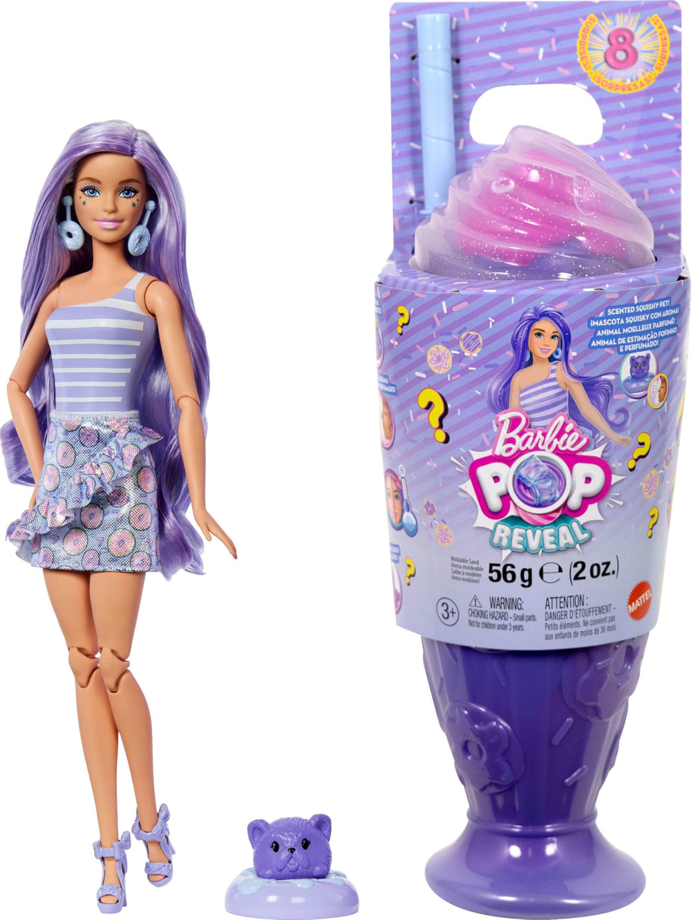 Barbie Pop Reveal Donut Dreams cup reveals surprises with a sweet scent for imaginative play.