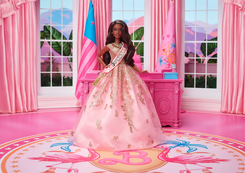 Barbie President Doll off-shoulder bodice with gold accents enhances cinematic look.